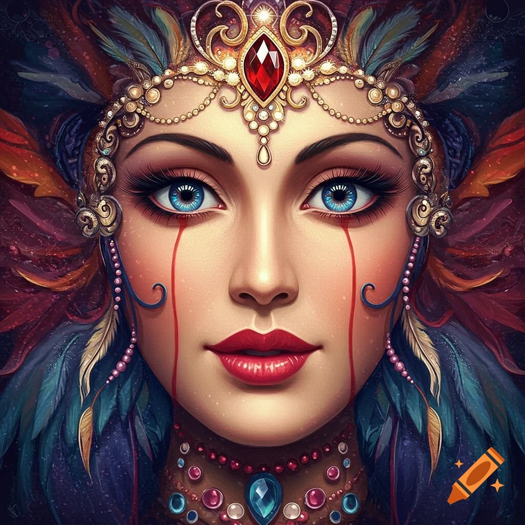 A close-up of a woman's face with blue eyes, red lipstick, a feathered and bejeweled headdress, and red streaks below her eyes.