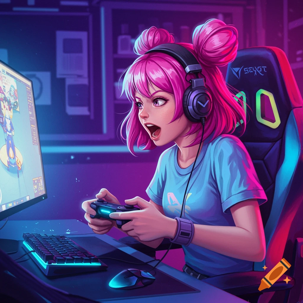 A young girl with pink hair playing video games on a large screen in a vibrant neon-lit room.