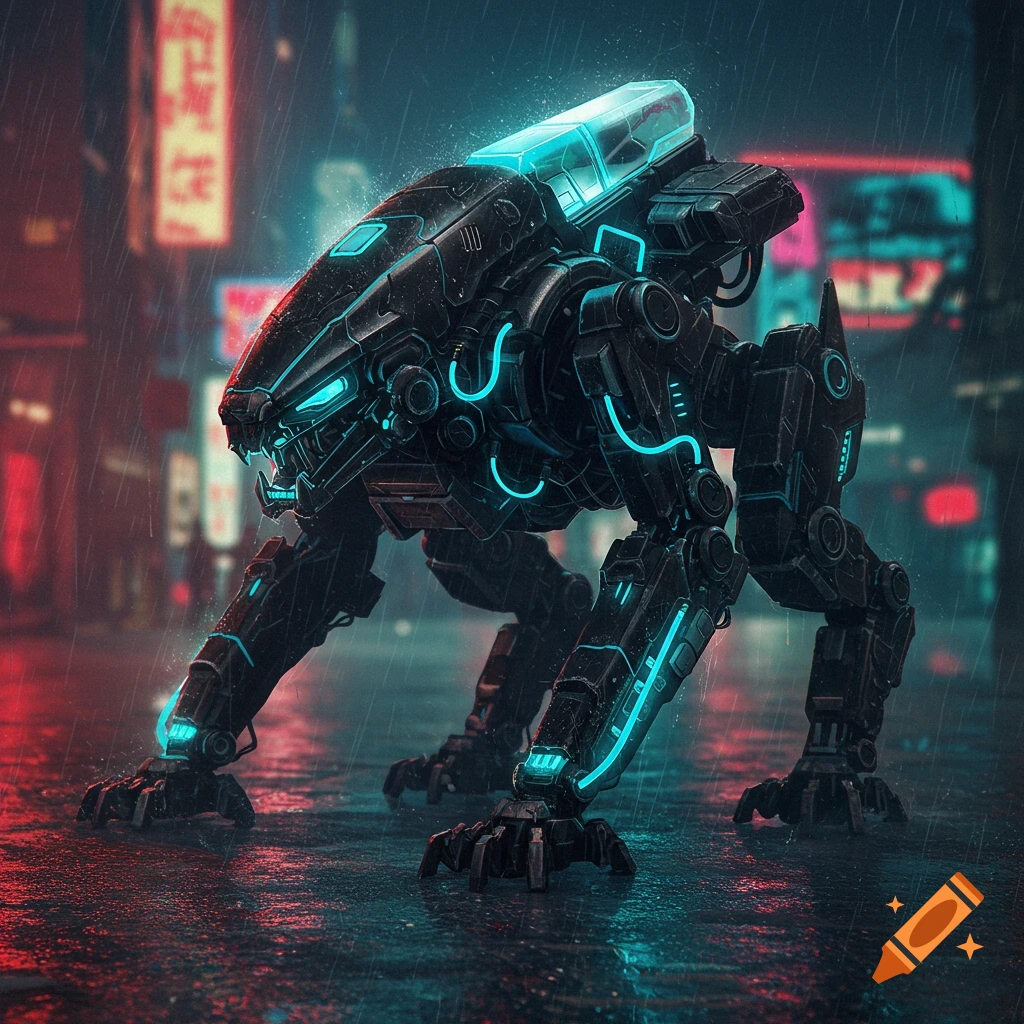 A black robotic mech beast with glowing blue lights on its legs and head, standing on a wet street in a rainy, neon-lit city.