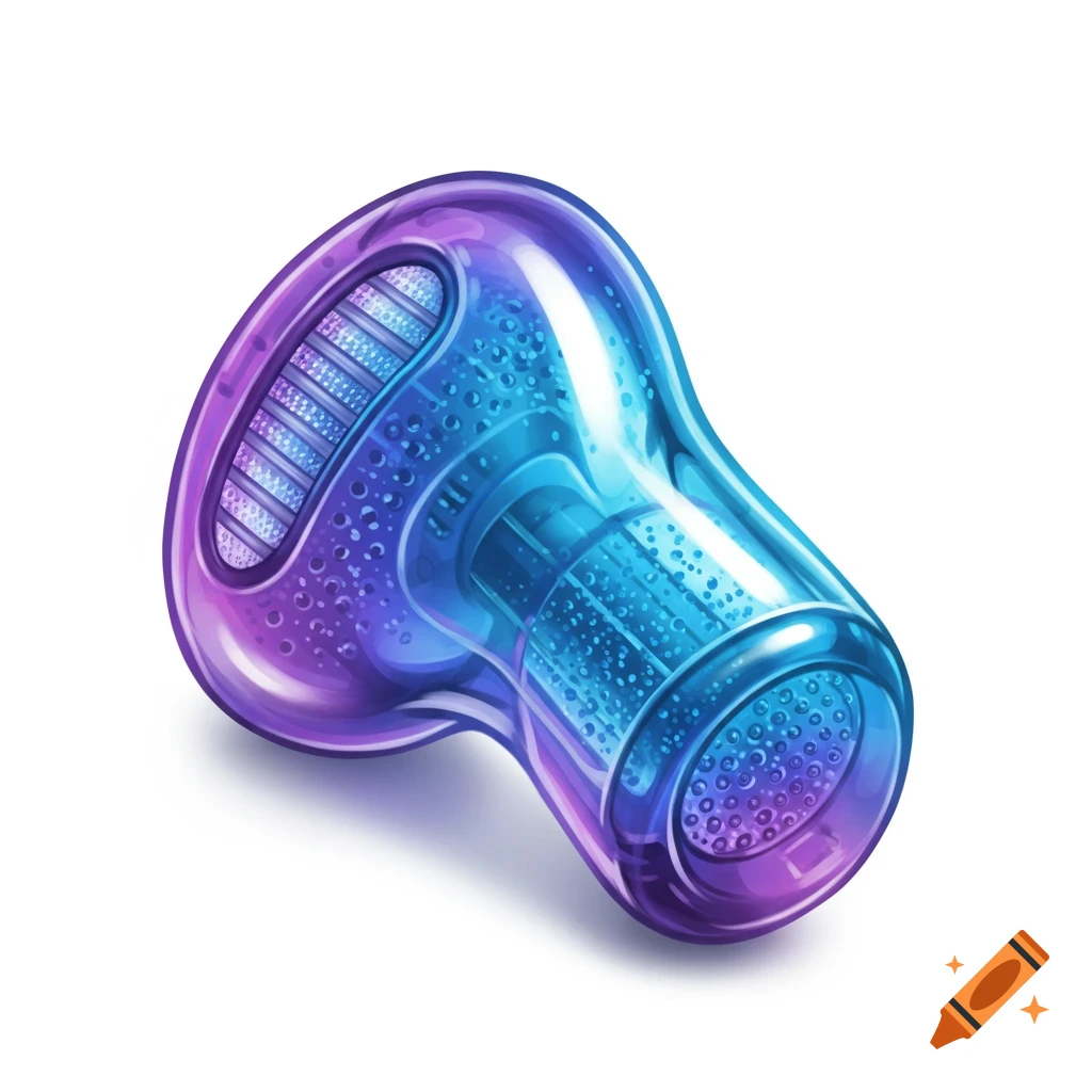 Transparent purple and blue nose plug with internal filters.
