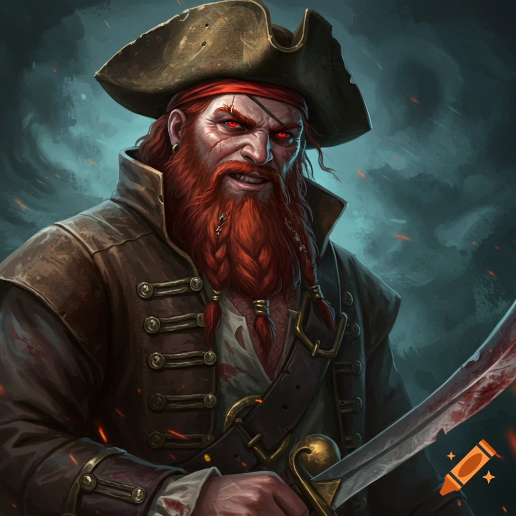 An evil-looking pirate with red beard and eyes, holding a bloody cutlass.
