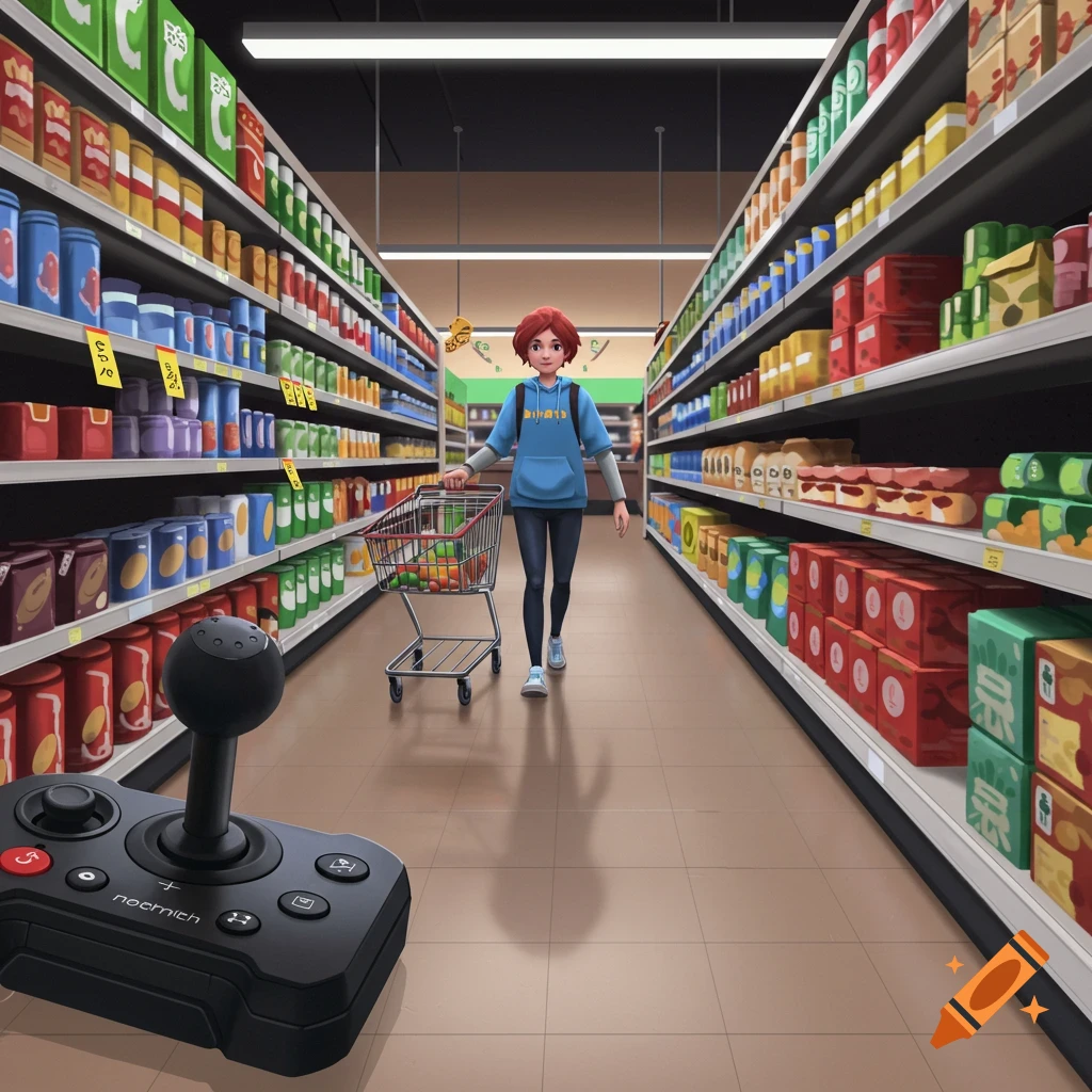 A person is pushing a shopping cart down a grocery aisle, with a large video game joystick in the foreground.