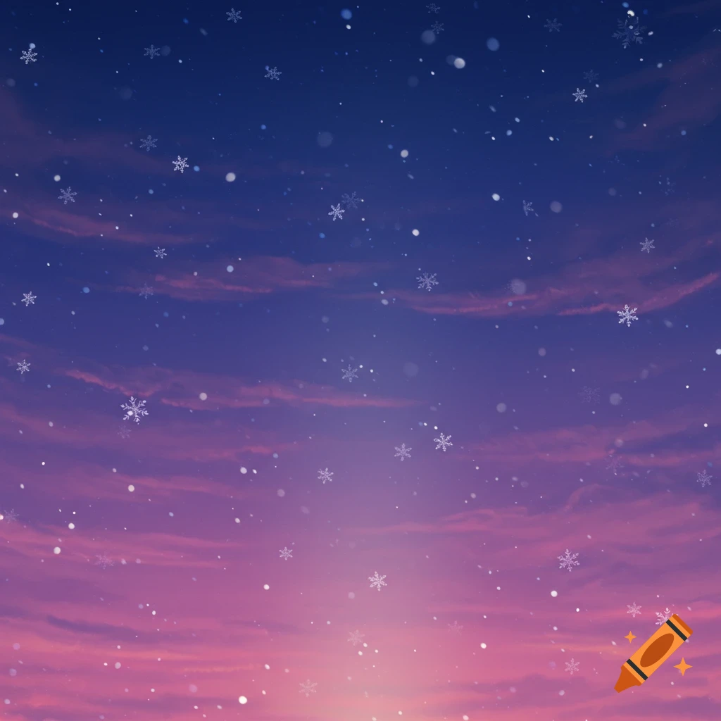 A twilight sky with falling snowflakes.