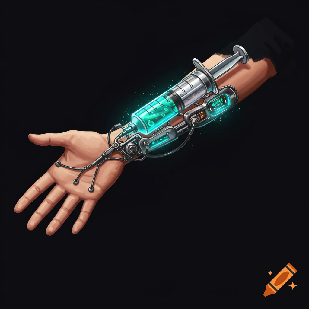 A hand is shown with a sci-fi syringe device attached to the forearm. The syringe contains a glowing green liquid.