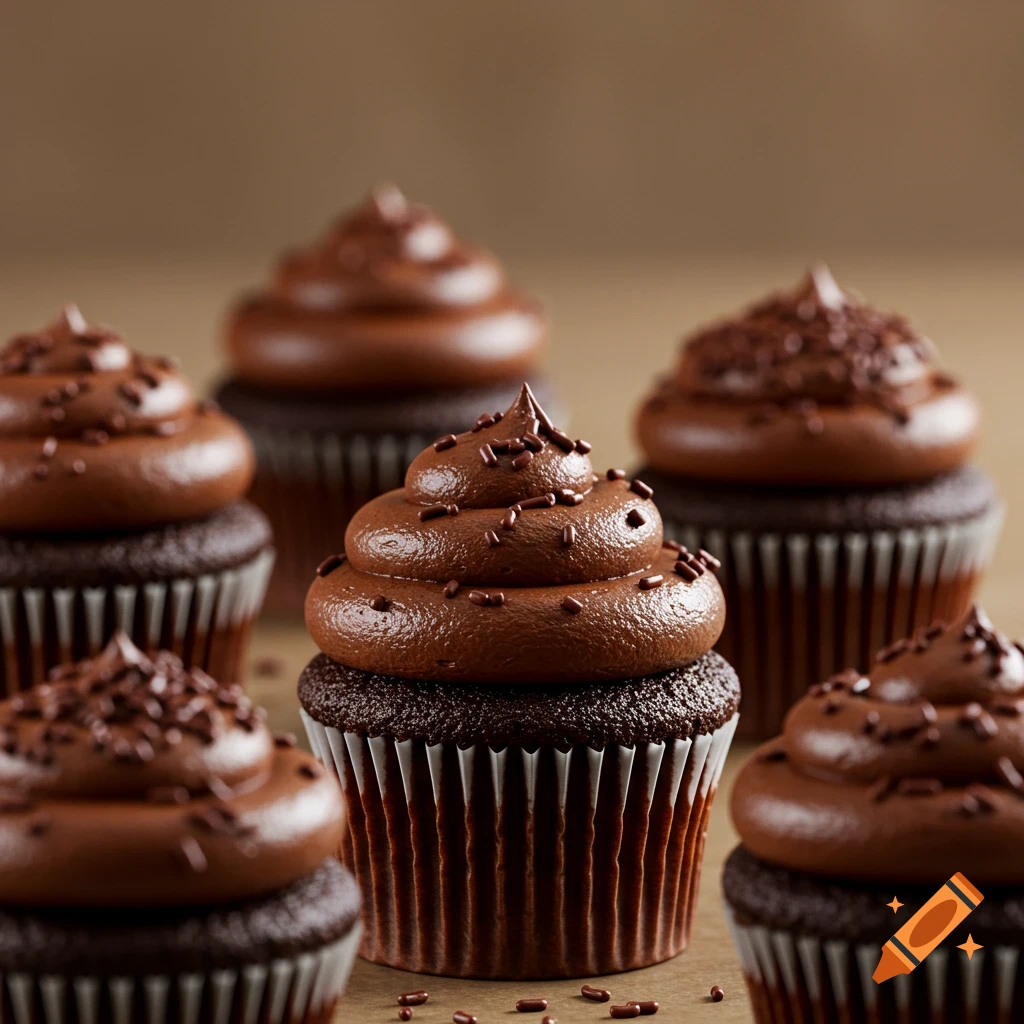 Close-up of several chocolate cupcakes with chocolate frosting and sprinkles.