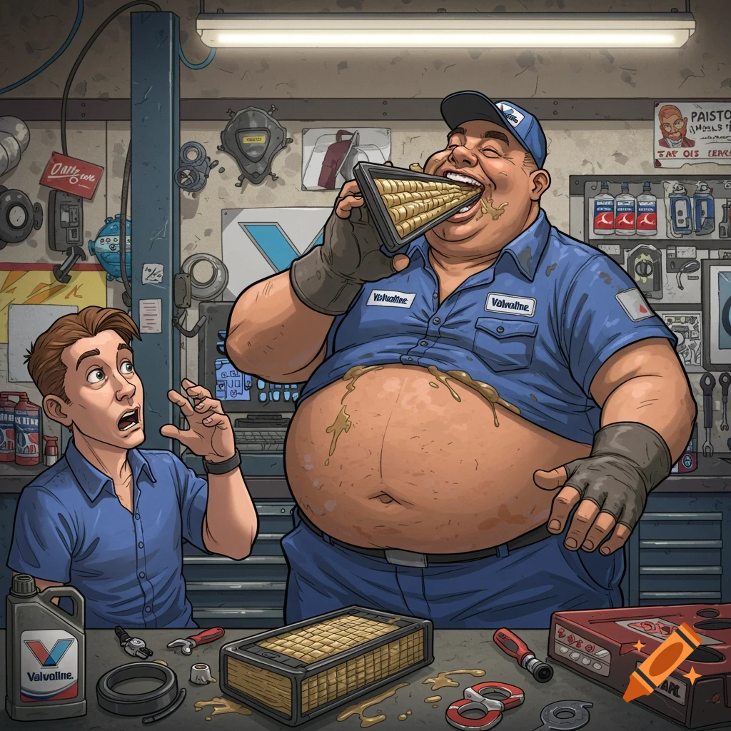 A fat mechanic in a Valvoline uniform eating an air filter in a garage while a guest looks on in shock.