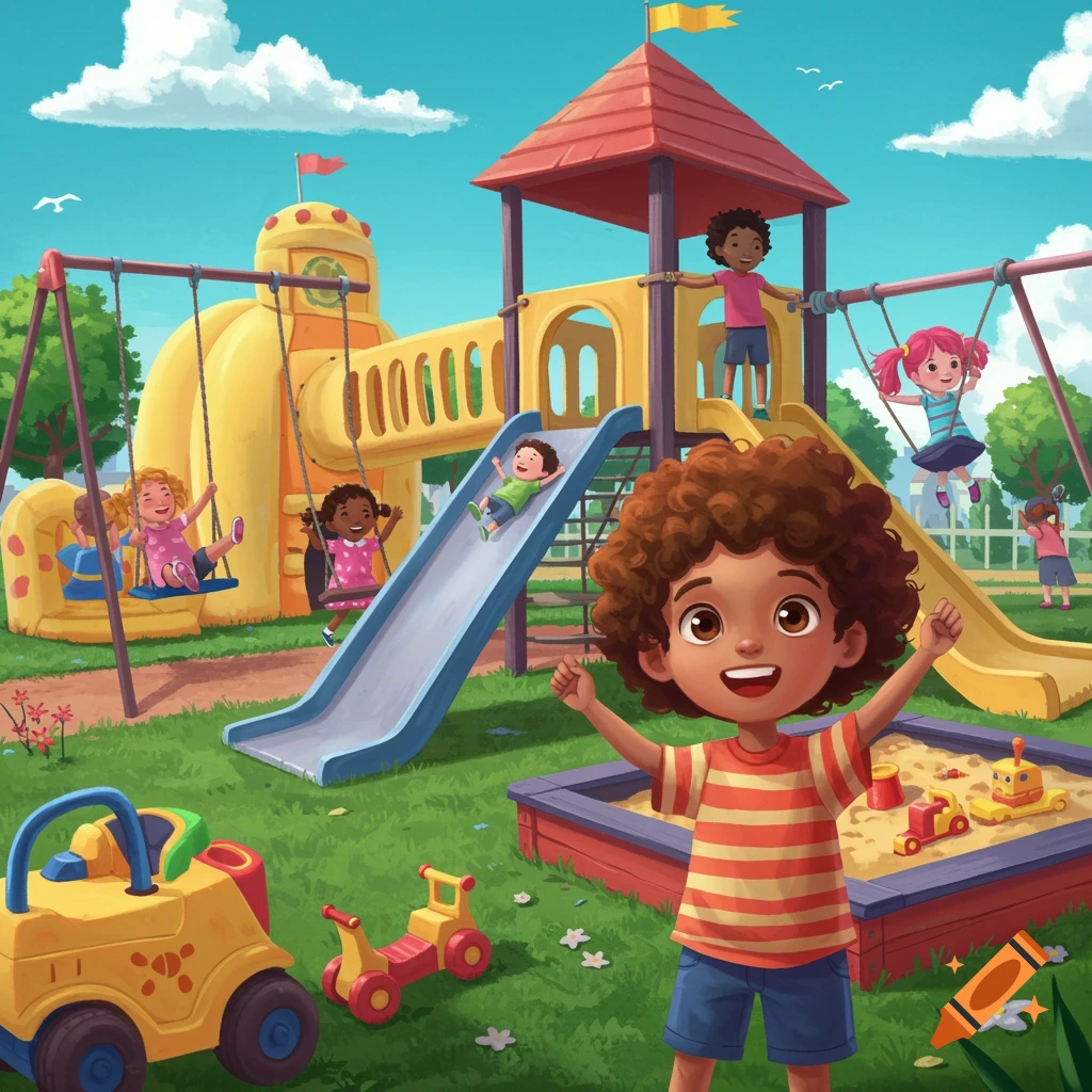 A vibrant image of diverse children playing joyfully on a colorful playground with slides, swings, and a sandbox.