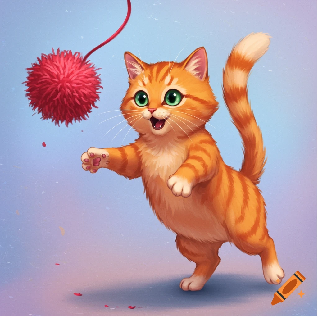 An orange tabby cat jumps to catch a red pom-pom