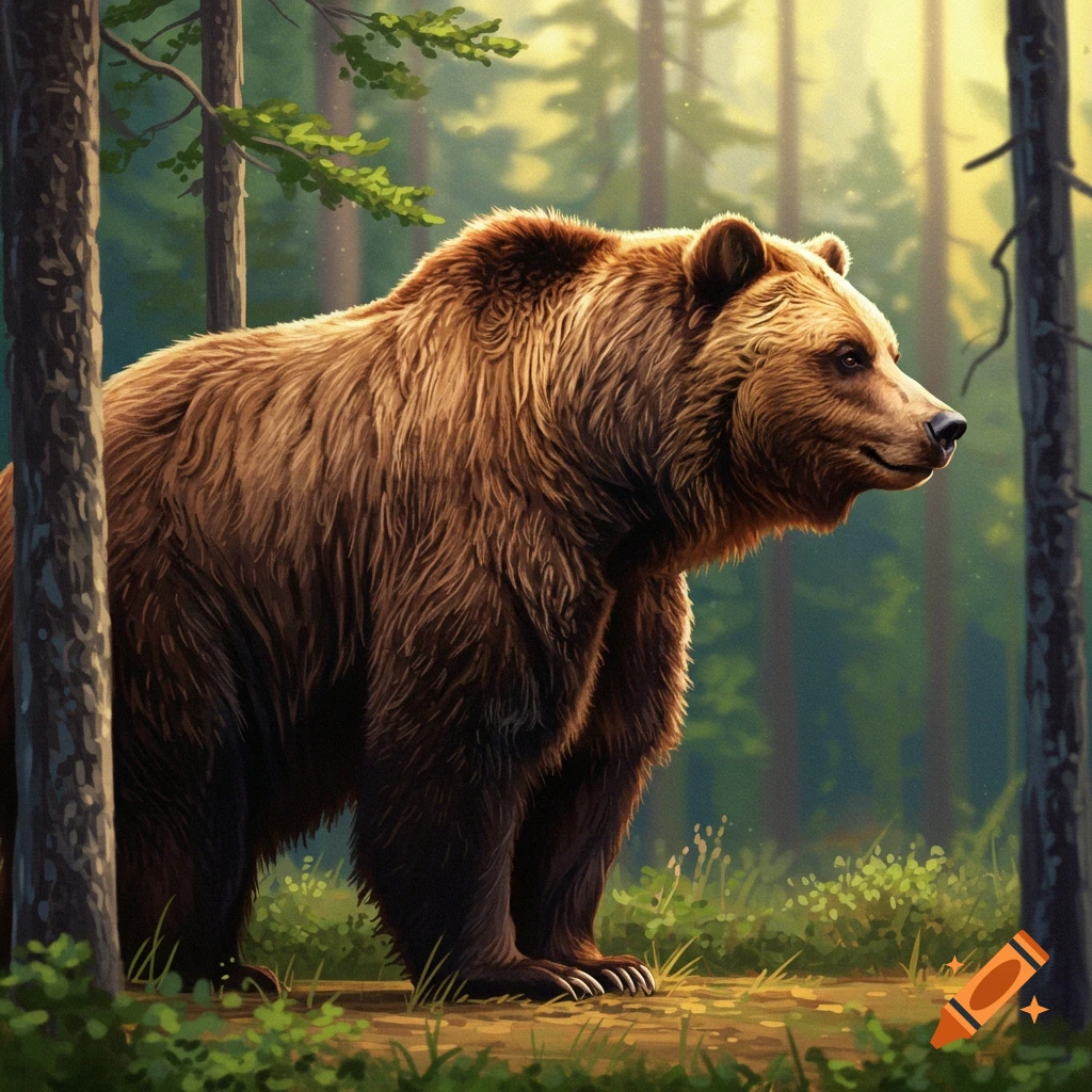 A brown bear stands in a forest clearing, viewed from the side profile.
