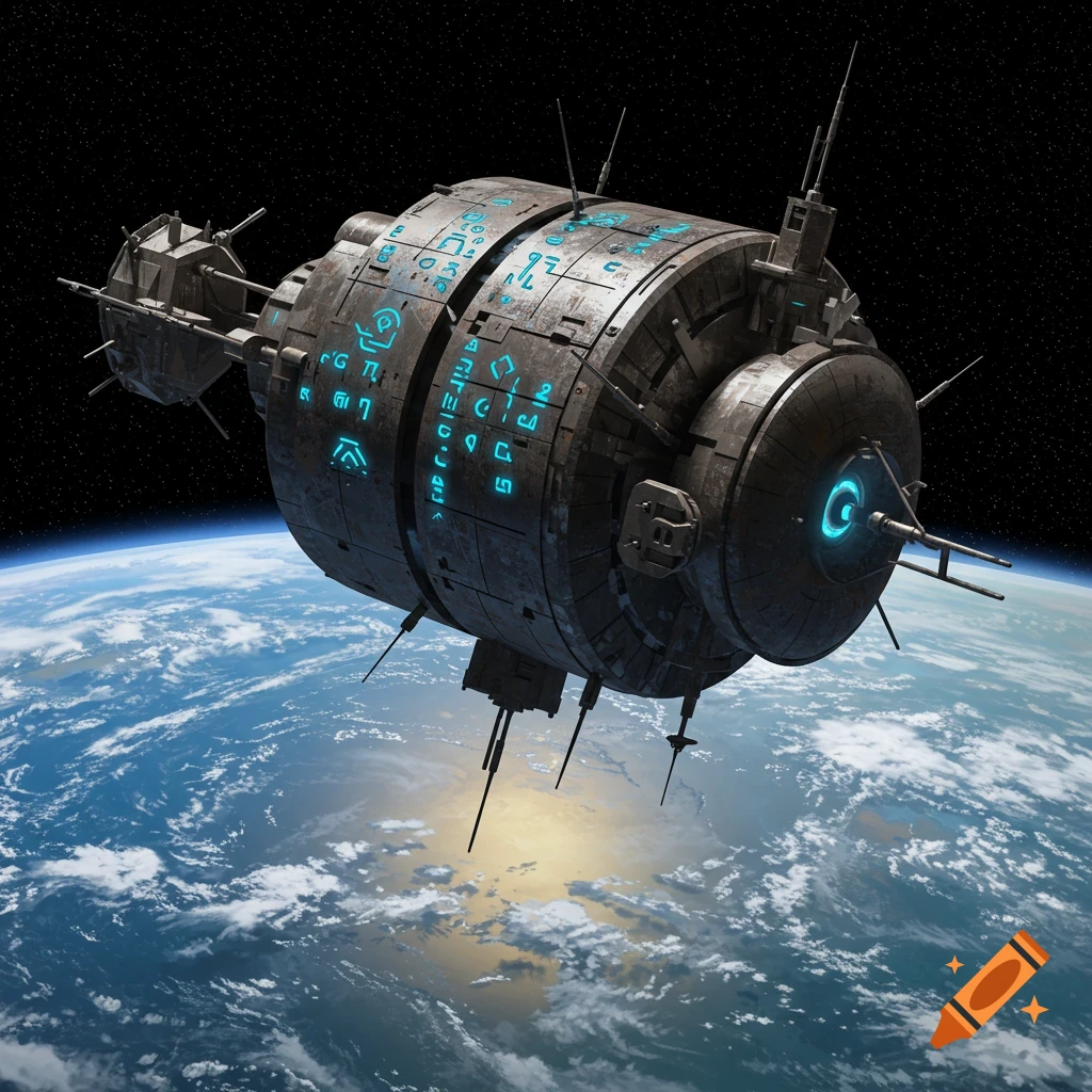 Ancient satellite with glowing blue symbols floating above Earth in space.