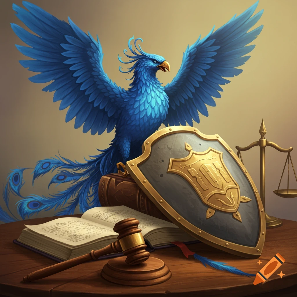 A blue phoenix with outstretched wings behind a shield, book, courtroom gavel, and scales of justice.