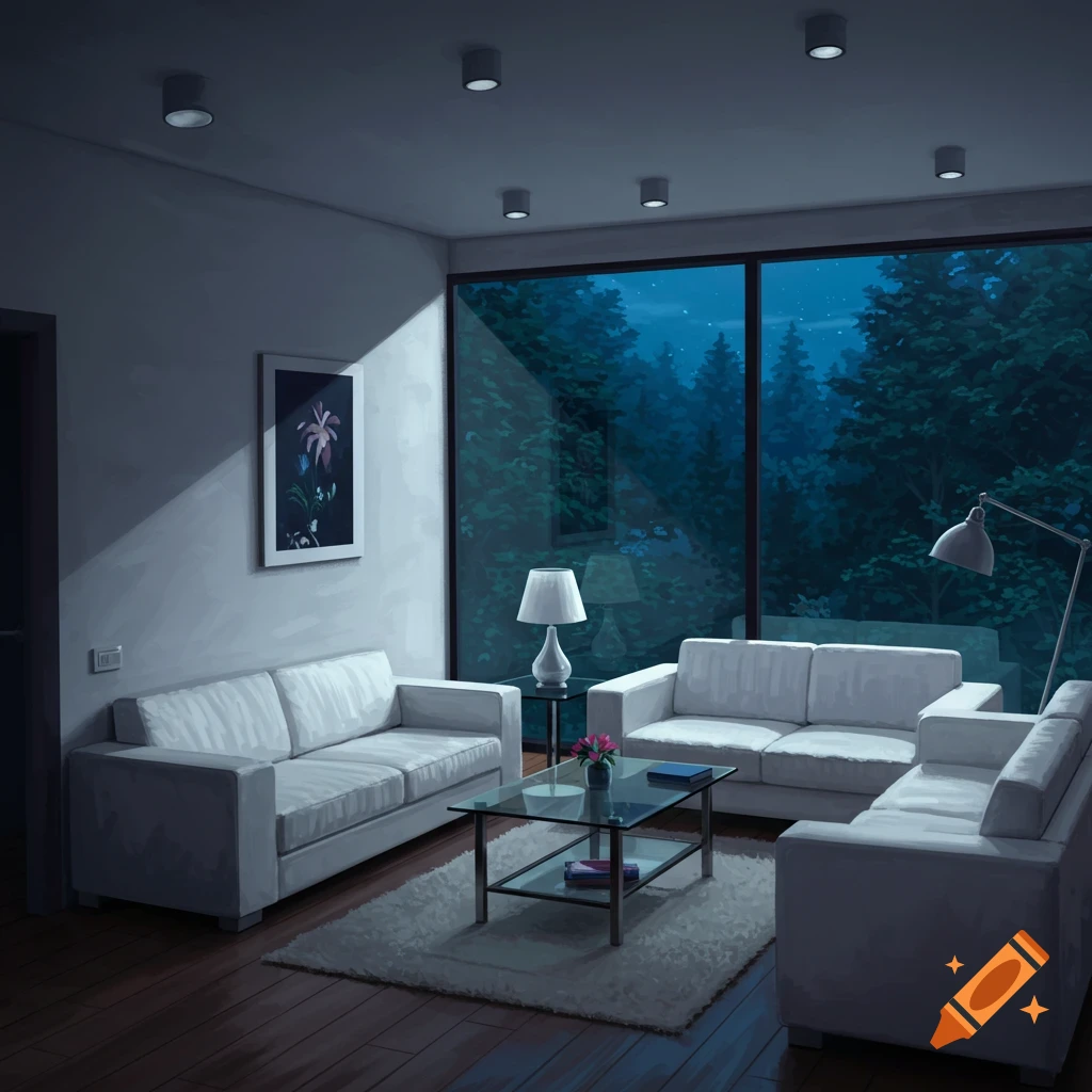 A white lounge at night looking out a large window at a dark forest and starry sky.