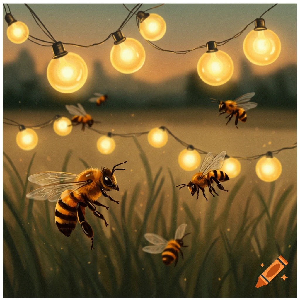 Bees flying among fairy lights in a grassy field at dusk.