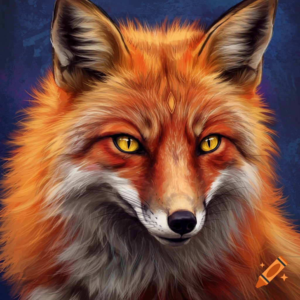 Close-up of a red fox with yellow snake eyes and forehead symbol.