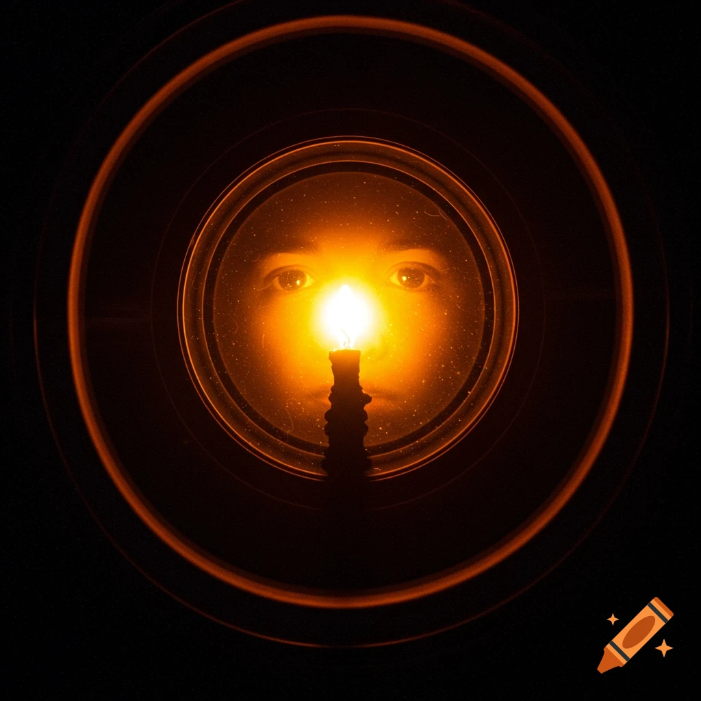 Eyes visible behind a bright candle flame framed by dark circles.