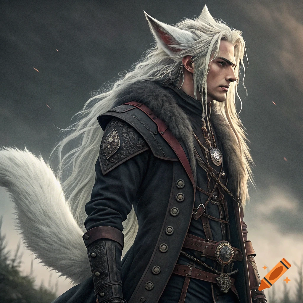 Fantasy character with long white hair, fox ears and tail, wearing a dark fur-collared coat and detailed steampunk-style gear.