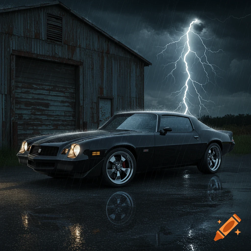 Black 1979 Camaro in heavy rain by a barn with lightning.