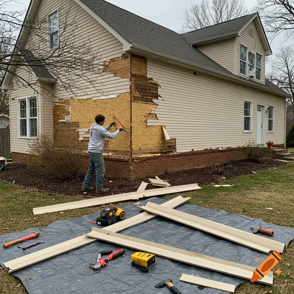 A man uses a pry bar to remove siding from the side of a house. Tools are spread on the ground.