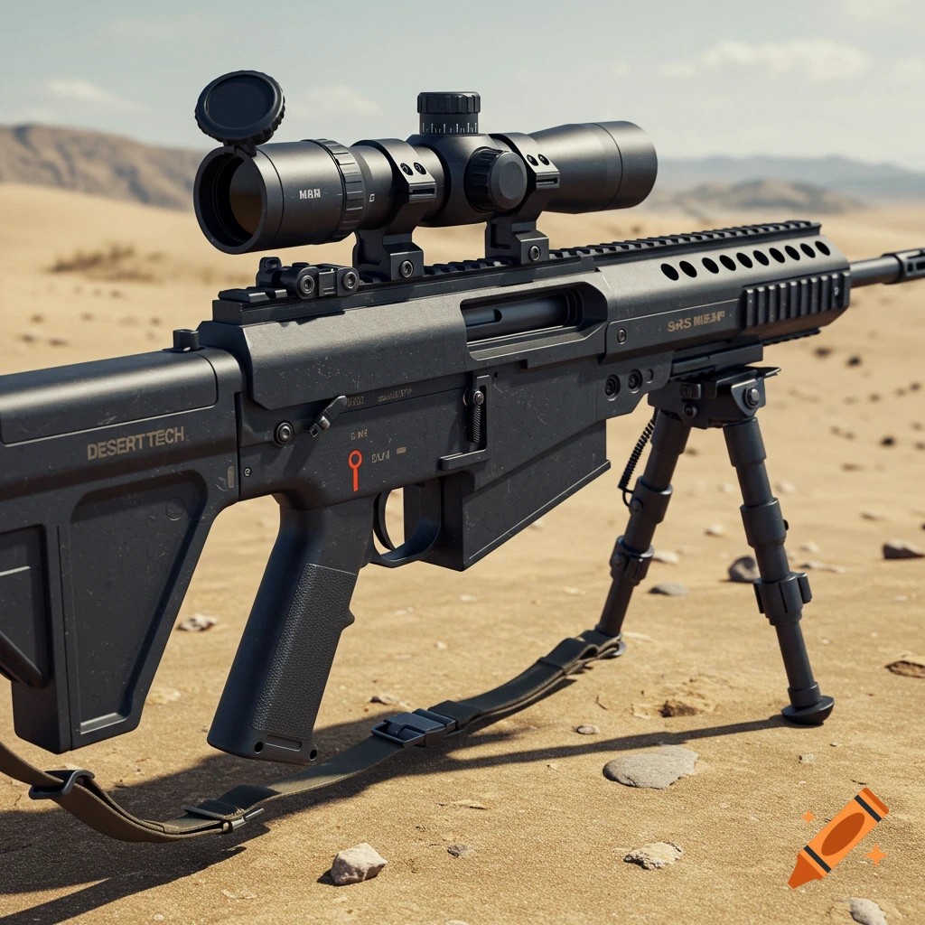A black sniper rifle with a scope and bipod rests on the sand in a desert environment with mountains in the background. Photorealistic style.
