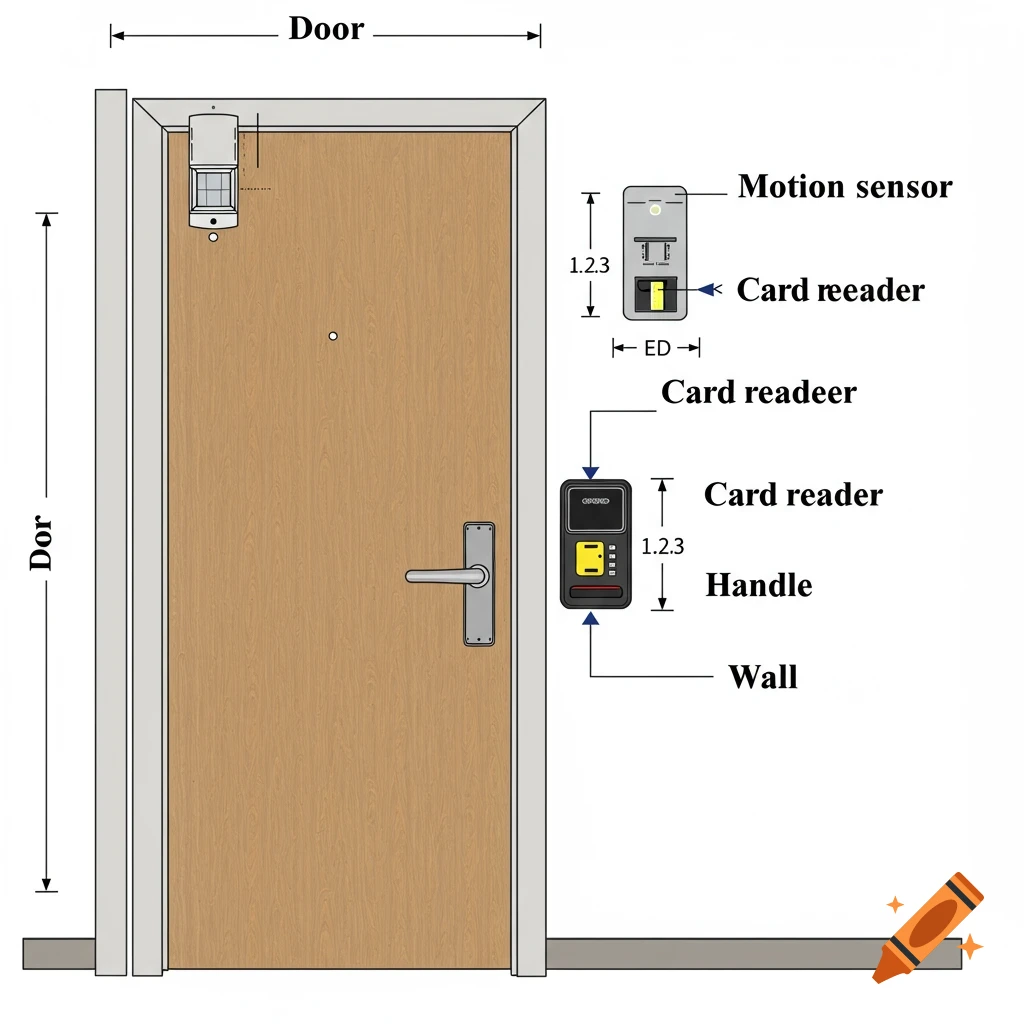 Diagram of a door with motion sensor, card reader, and labels.