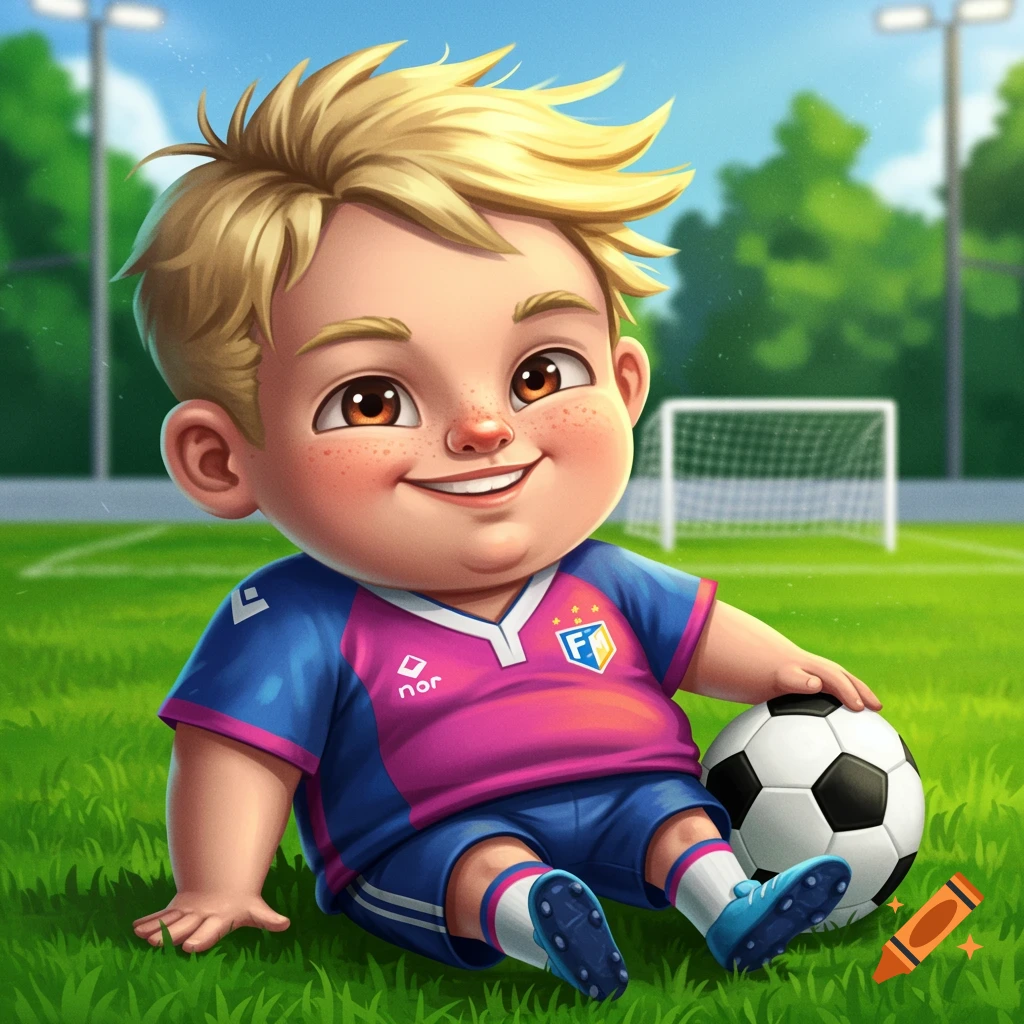 Cartoon of a chubby blonde boy in a pink and blue soccer uniform sitting on a grassy field next to a soccer ball.