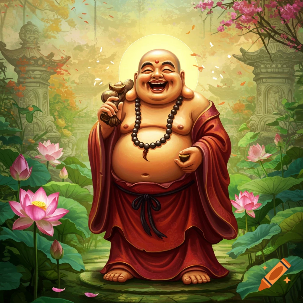 A laughing Buddha is holding gold in a garden filled with lotus flowers.