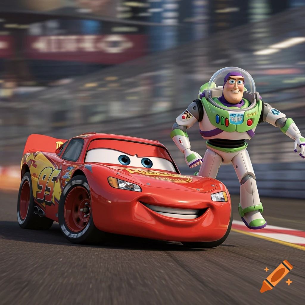 Lightning McQueen and Buzz Lightyear race on a track, cinematic style.
