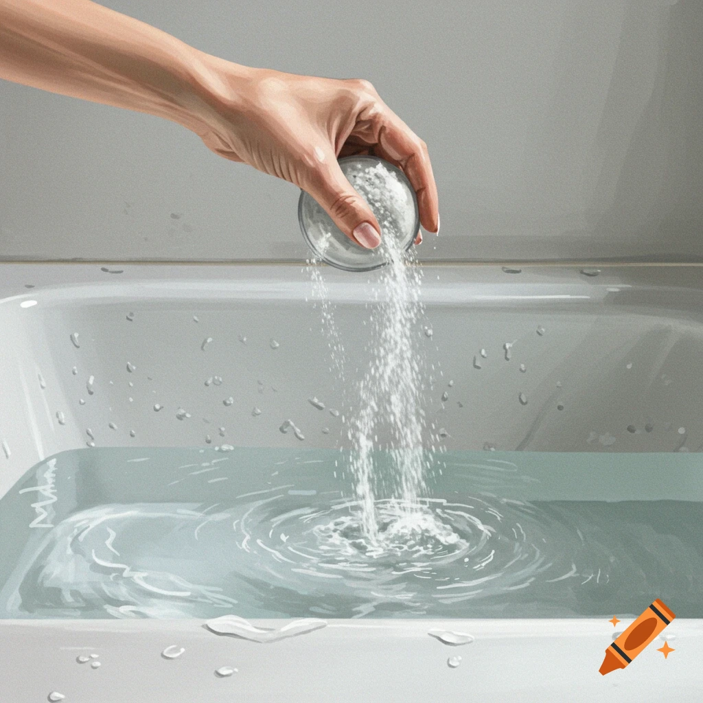 A hand pours white powder into a bathtub filled with water.