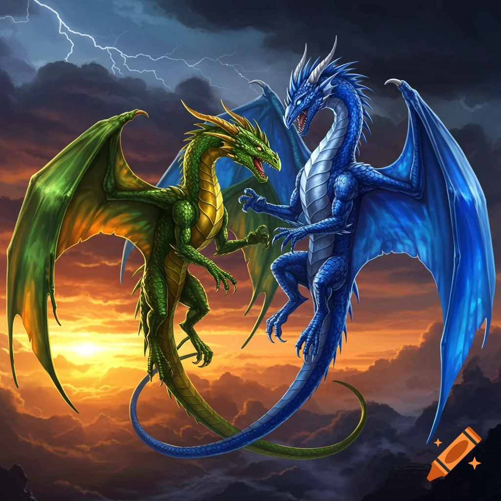 Two dragons, one green, one blue, face off in a stormy sky with lightning at sunset.