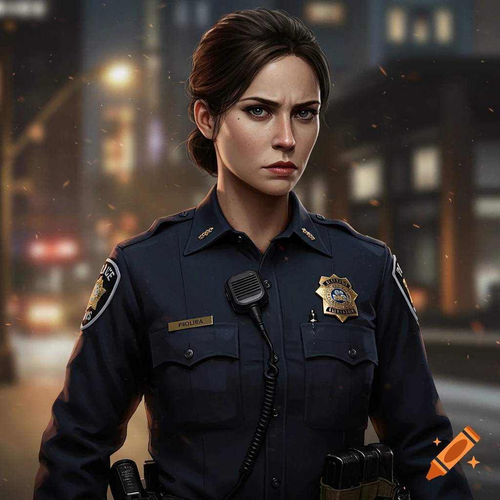 A stern female police officer in uniform stands on an urban street at night.