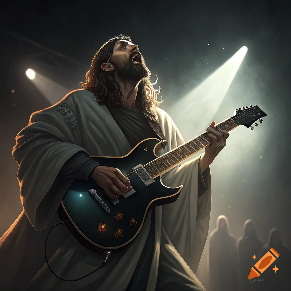 A figure resembling Jesus plays an electric guitar on a stage with spotlights and blurry figures