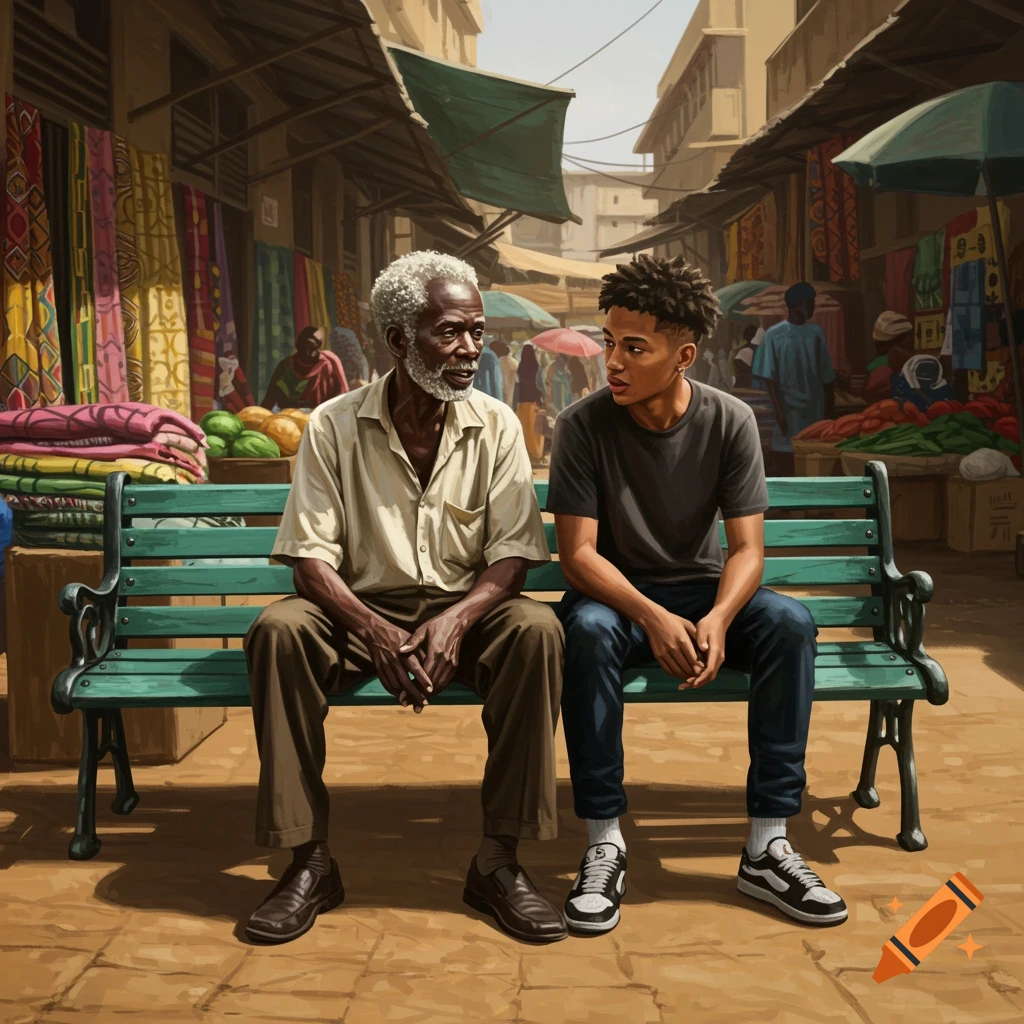 An elderly Black man and a young man are sitting on a bench in a vibrant marketplace.