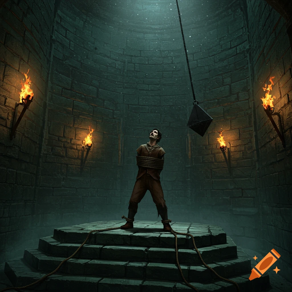 A man tied up in a stone dungeon with torches and a pendulum above him.