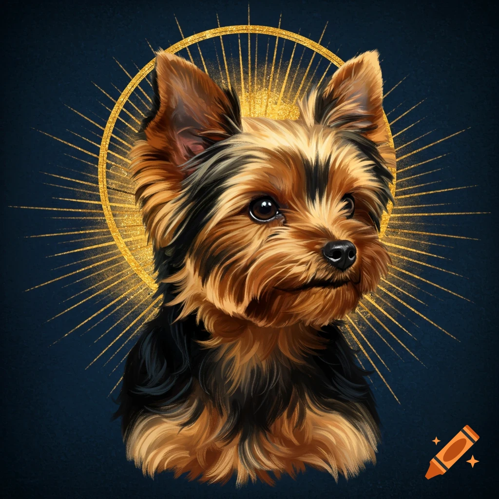 A Yorkshire Terrier dog with a gold halo and rays on a dark blue background.
