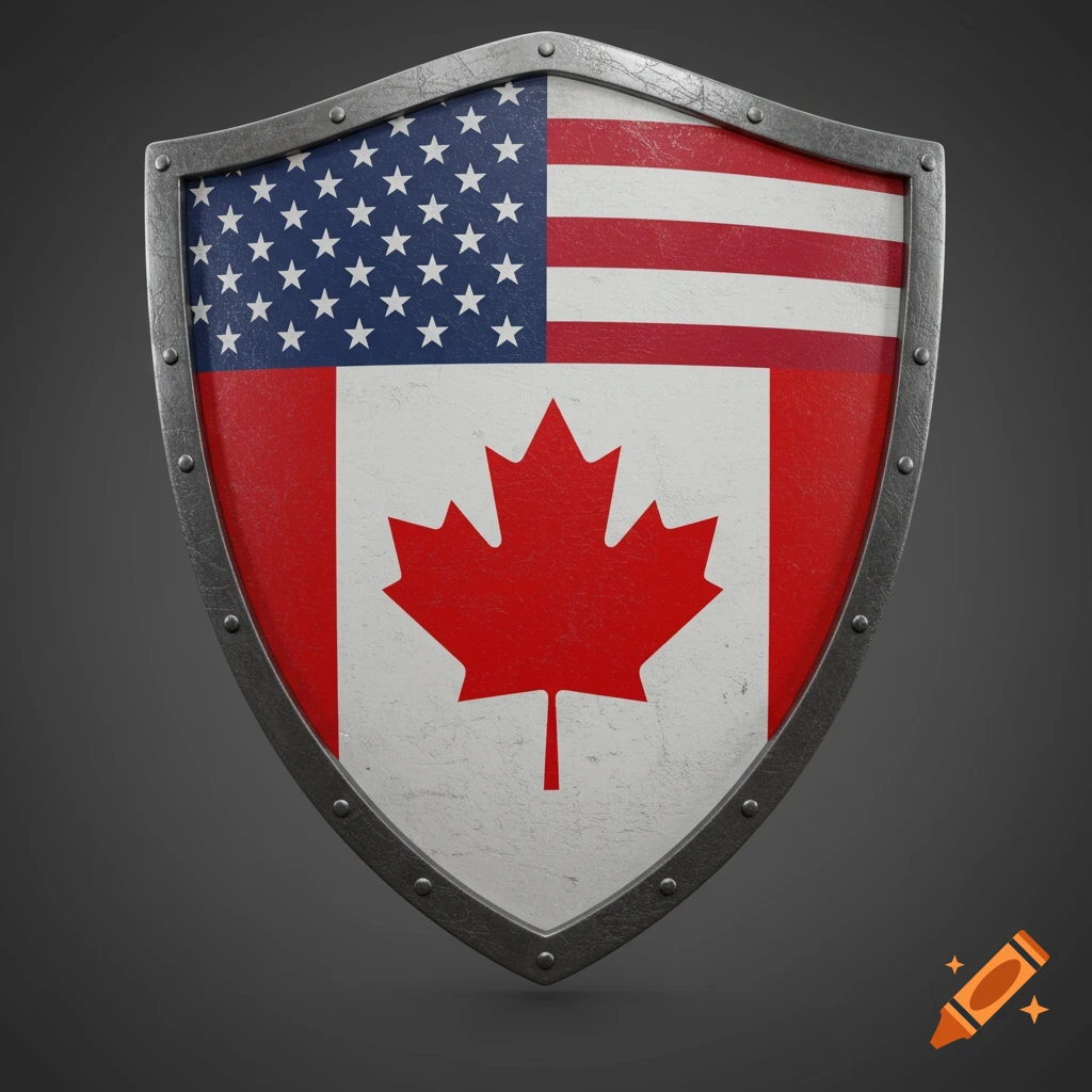 A shield featuring the flags of the United States and Canada split down the middle.