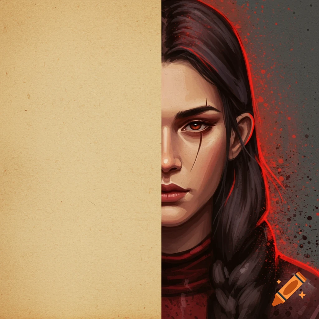 Vertical split image; left side is parchment texture, right is a digital portrait of a woman with red eyes.