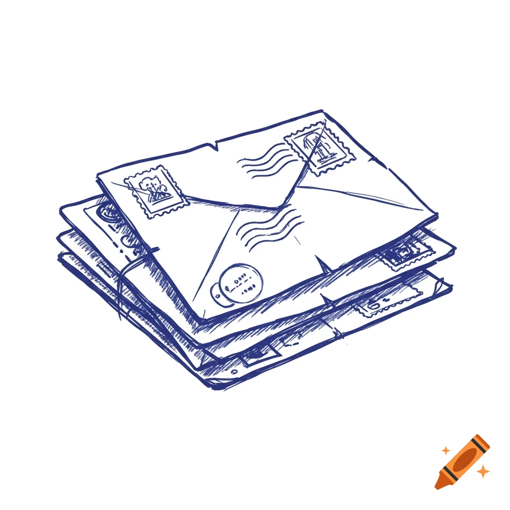Blue ink sketch drawing of a stack of vintage letters with stamps.