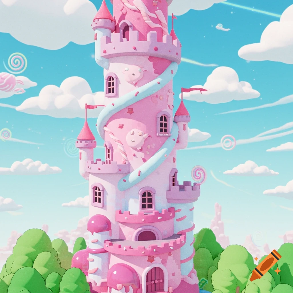 A tall, cartoon-style pink castle made of candy and sweets under a blue sky with clouds and trees.