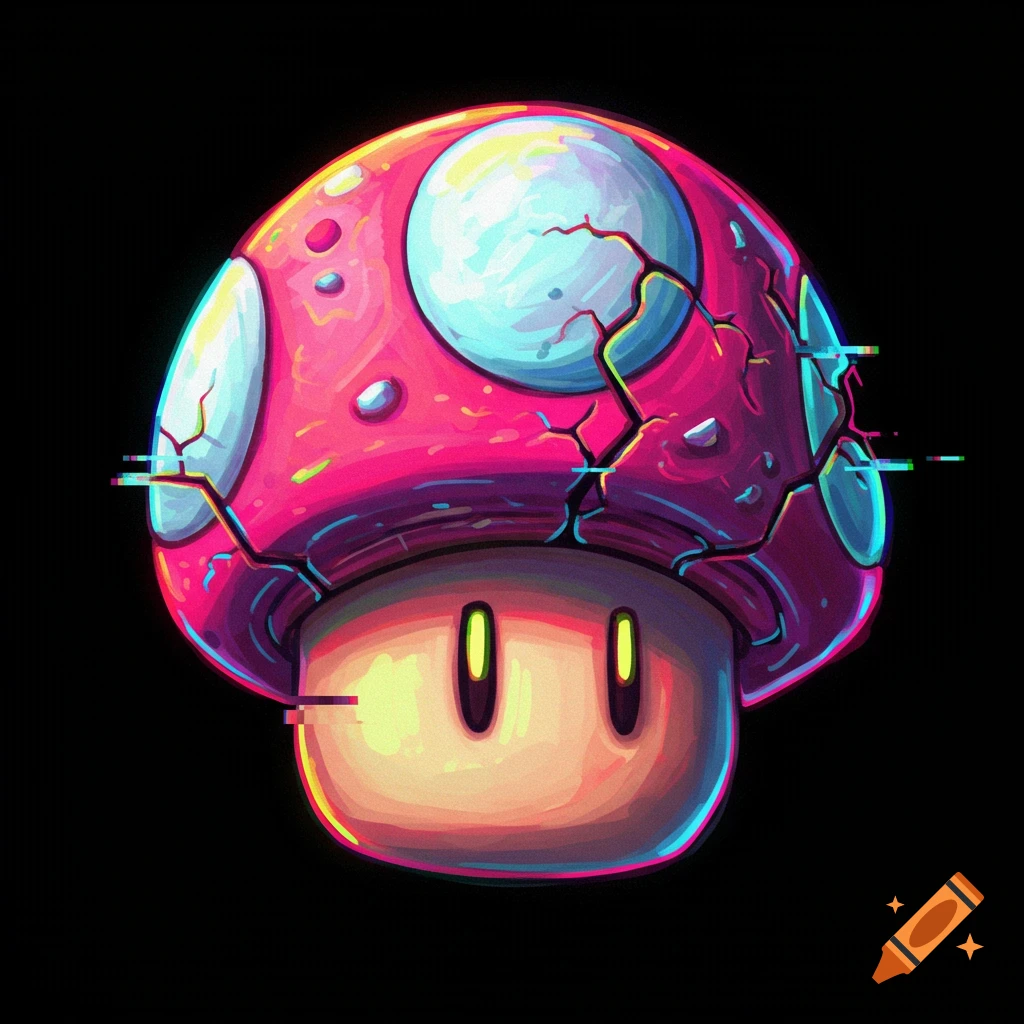 A cracked and glitching Super Mario 1-Up mushroom.