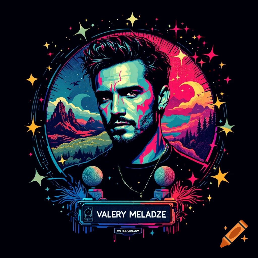 Vibrant stylized portrait of Valery Meladze with landscape background and stars.