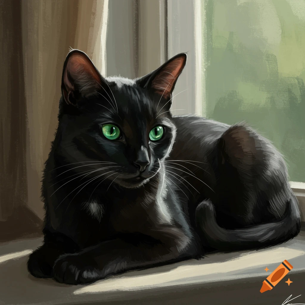 A black cat with green eyes sits on a windowsill in sunlight.