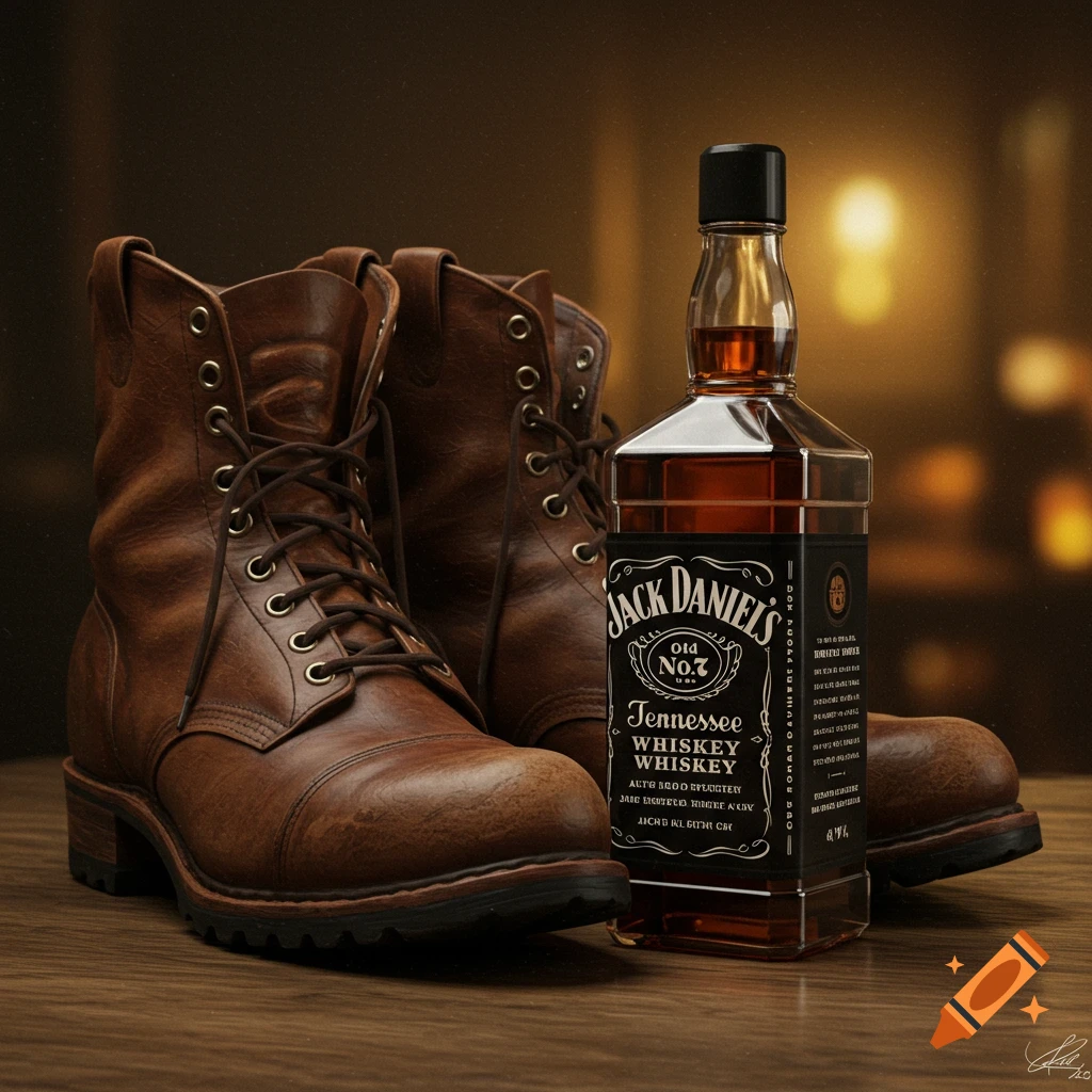 Leather boots and a bottle of whiskey on a wooden table.