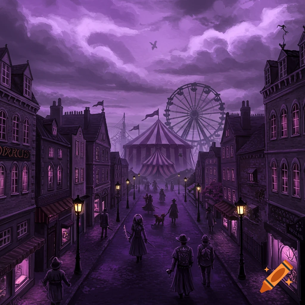 Dark fantasy town street in purple tones leading to a circus tent and ferris wheel under cloudy sky, with figures walking.