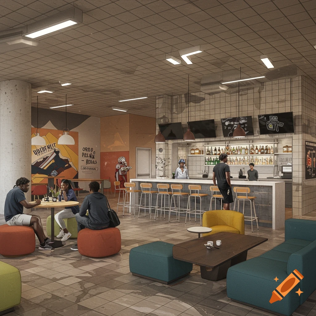 Modern student-athlete dining hall lounge with bar and seating area.