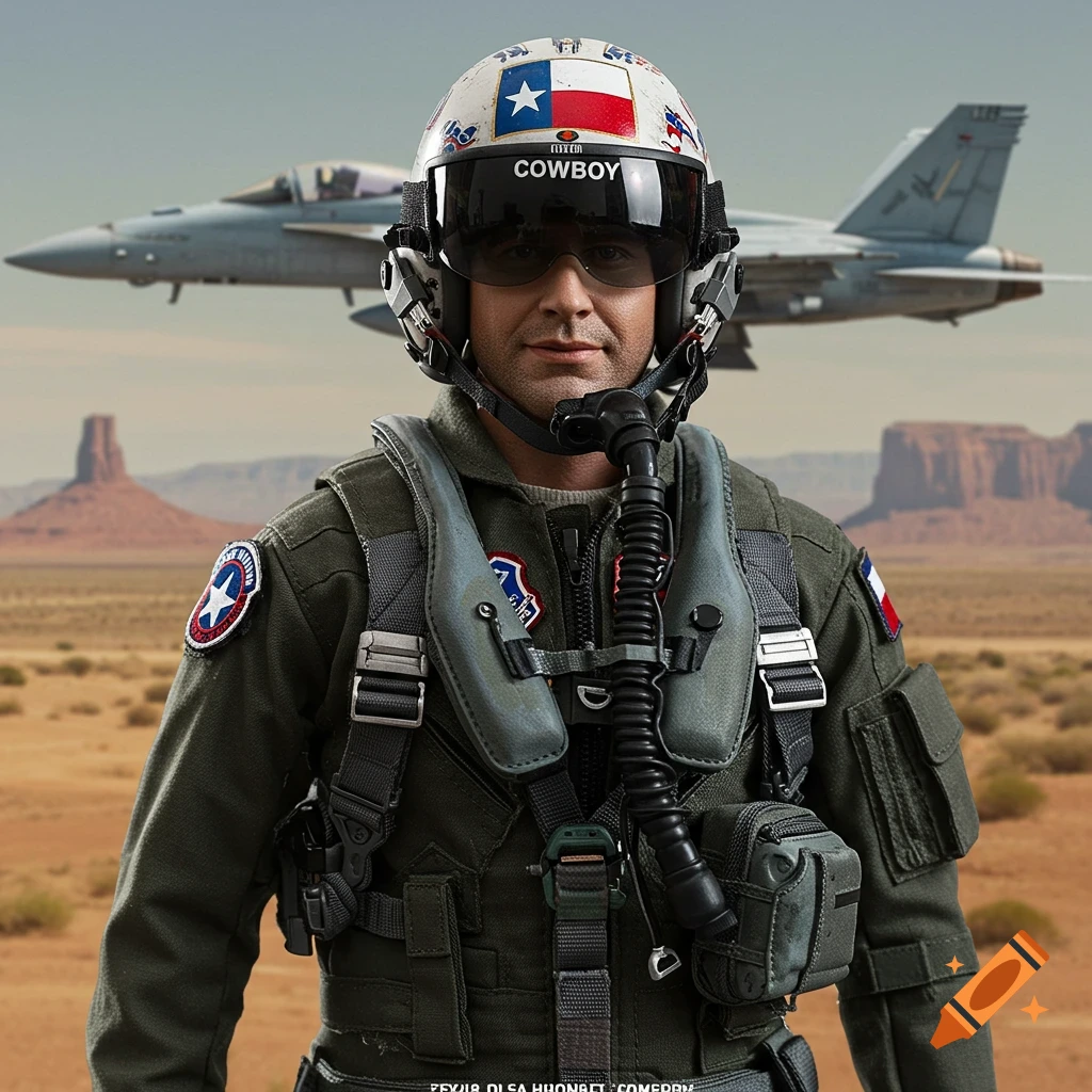 a fighter pilot action figure in a desert with jet, helmet shows Texas flag and 'Cowboy'.