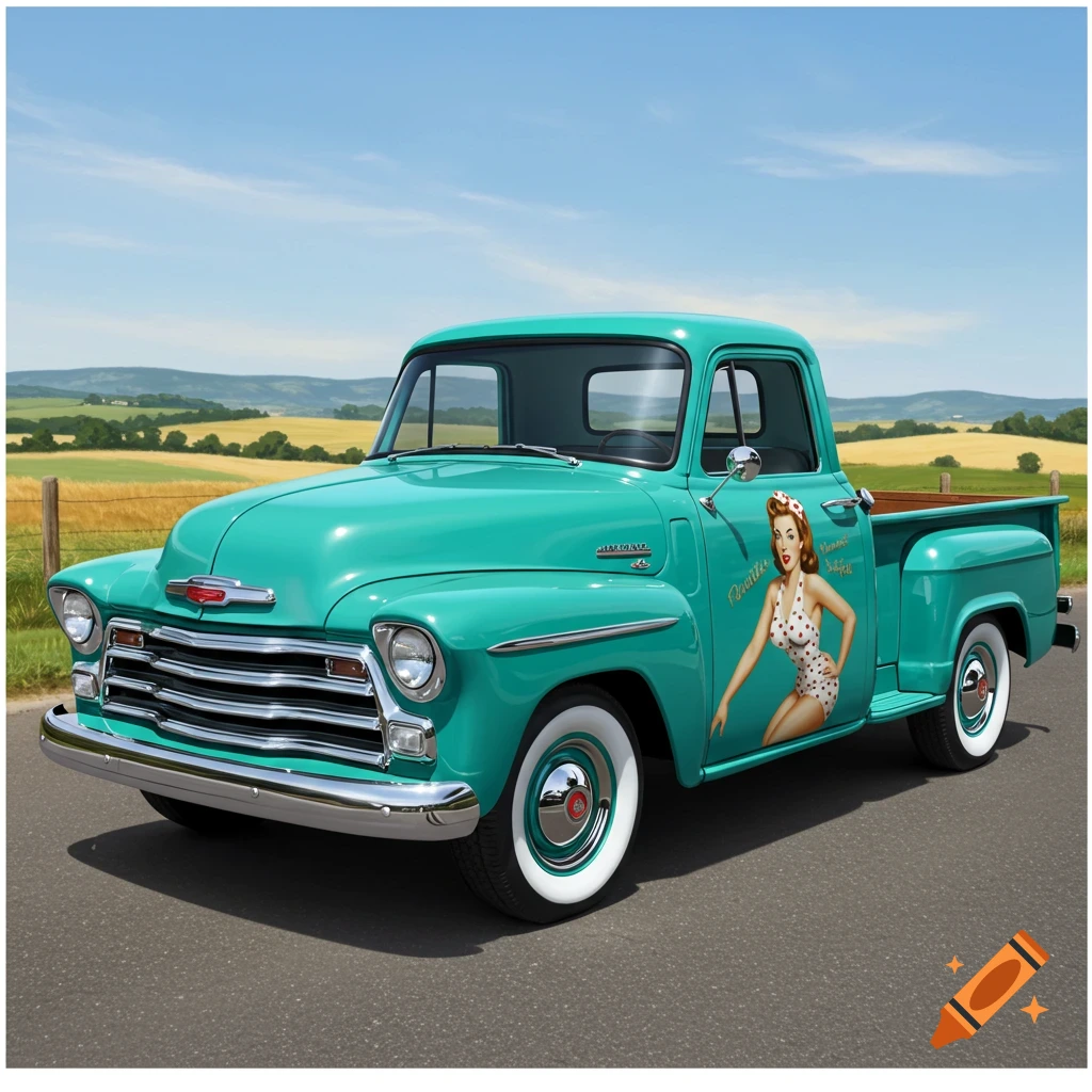 Turquoise vintage pickup truck with a pin-up style drawing on the door, parked in the countryside.