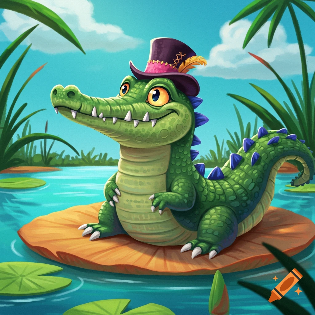 A cartoon crocodile wearing a purple top hat sits on a lily pad in a pond.