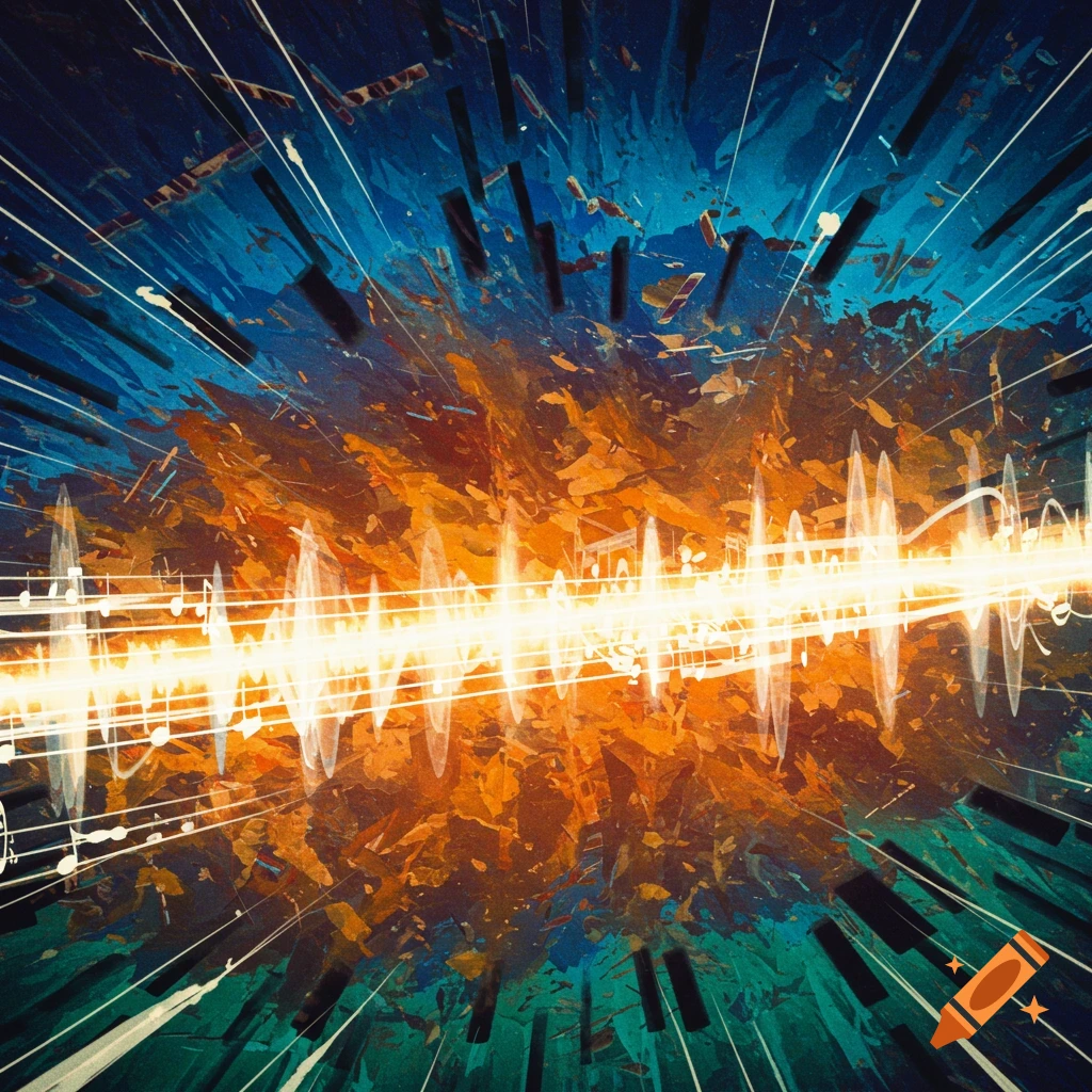 An abstract image of music featuring a bright central waveform surrounded by chaotic shapes resembling notes and piano keys.