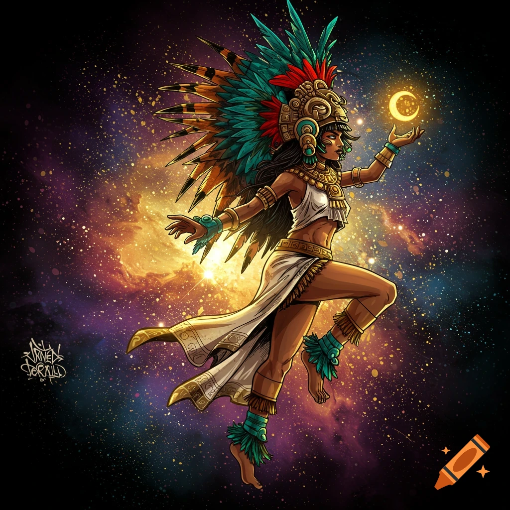 Aztec moon goddess Metztli floating in a galaxy holding a glowing crescent moon.