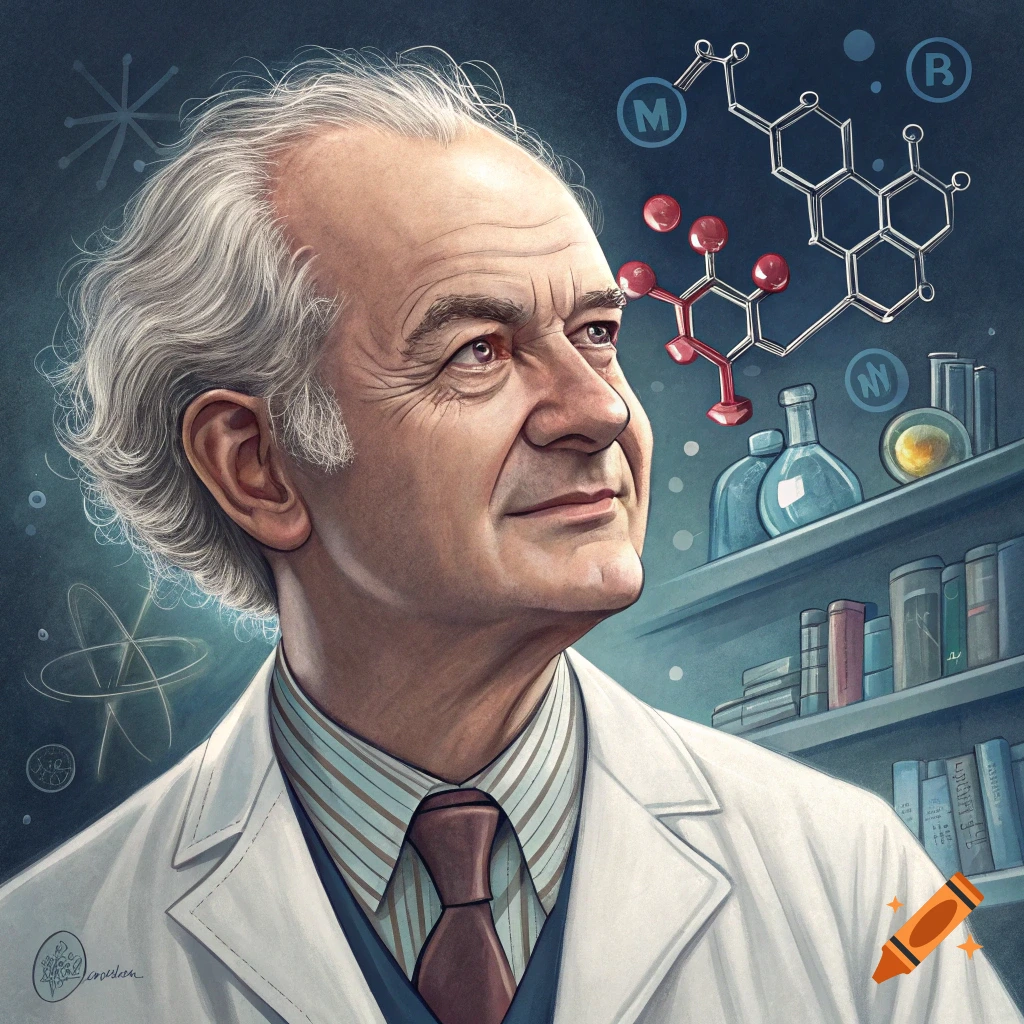 Illustration of an older scientist in a lab coat looking up, with chemistry symbols and books.